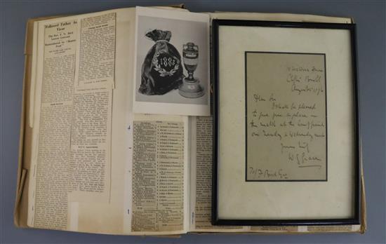 W.G. Grace, signed letter to county cricketer F. N. Bird, a photo of Minor Counties v West Indians, 1906 etc. letter framed and glazed